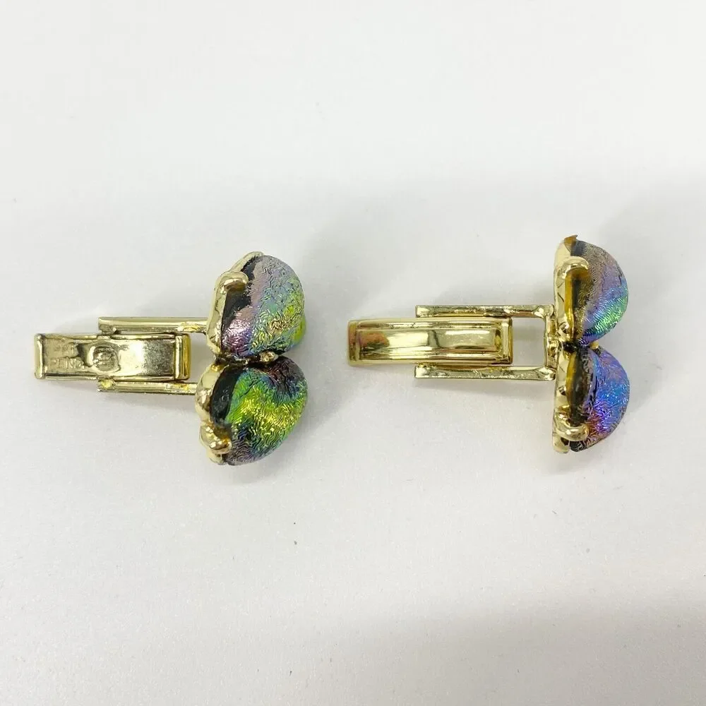 Vintage Unique Cufflinks Aurora Borealis Art Glass Iridescent Metallic Pat Pend